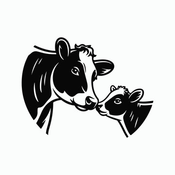 Cow and calf black silhouette, mother and baby cattle love, farm animal vector illustration