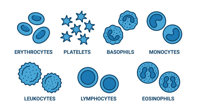 Types of blood cells including erythrocytes platelets basophils monocytes leukocytes lymphocytes eosinophils  medical illustration