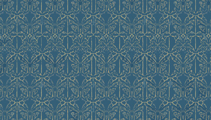 Intricate vintage damask pattern in muted blue and gold, featuring symmetrical floral and organic motifs for a classic background. © abi