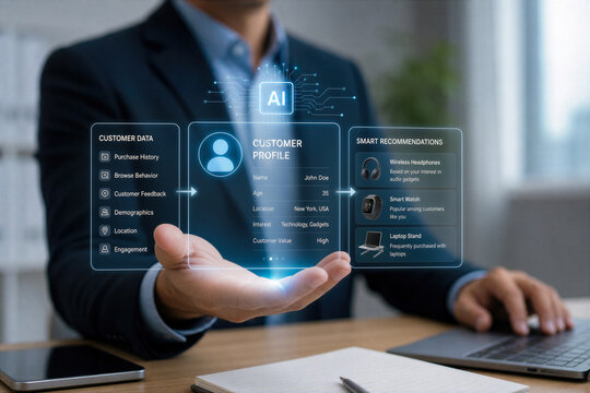 Business man presenting AI customer profile and personalized smart recommendations using customer data for targeted marketing and sales in office technology concept with augmented reality interface