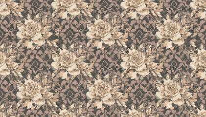 A seamless pattern featuring large, light brown roses with detailed petals set against a dark brown, intricate floral damask background. © abi
