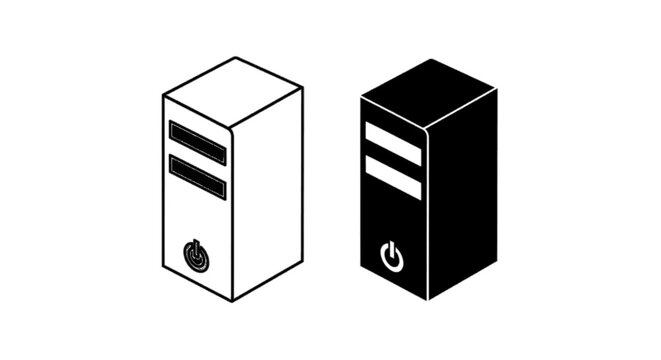 Minimal black silhouette icon, simple flat vector, bold black shape, no gradients, no shading isometric computer tower icons, outline and solid style on a, flat icon style