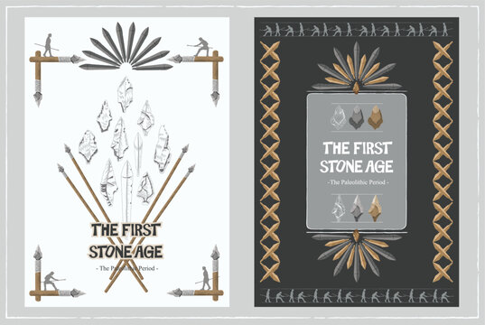 Korean Paleolithic Tanged Point Stone Spear Prehistoric Book Cover and Poster Layout Template Vector Graphic Set