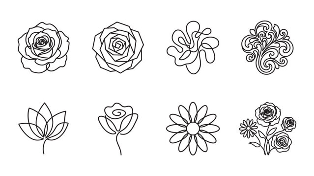 Set of minimalist floral icons with hand drawn rose and flower line art.