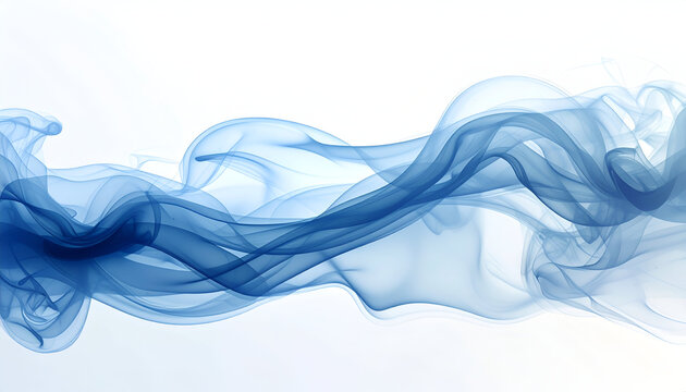 Abstract flowing wisps of translucent blue smoke against a white background