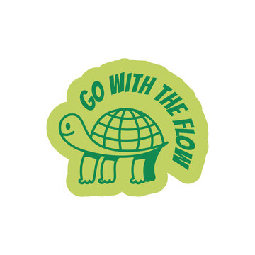 Vector doodle outline illustration in trendy playful friendly style, surf vibe sticker and patch, go with the flow, funny turtle