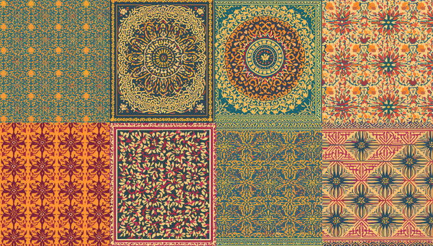 A vibrant collection of eight intricate traditional patterns, featuring geometric, floral, and mandala motifs in rich, earthy tones, suitable for textiles or decorative art.
