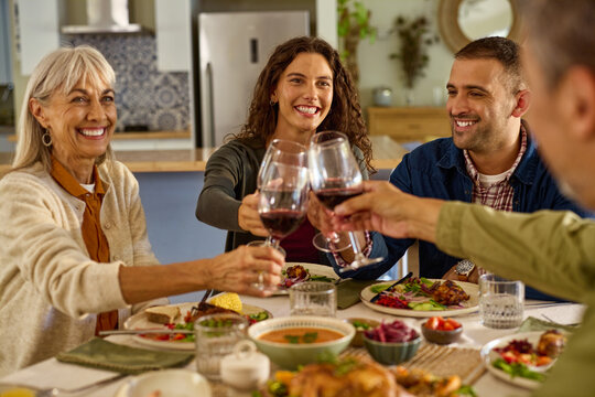 Joyful mixed race family making toast with red wine