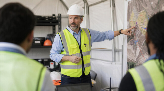 Engineer pointing at site map during construction meeting