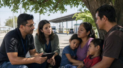 Fototapeta premium Social workers helping immigrant family at border checkpoint