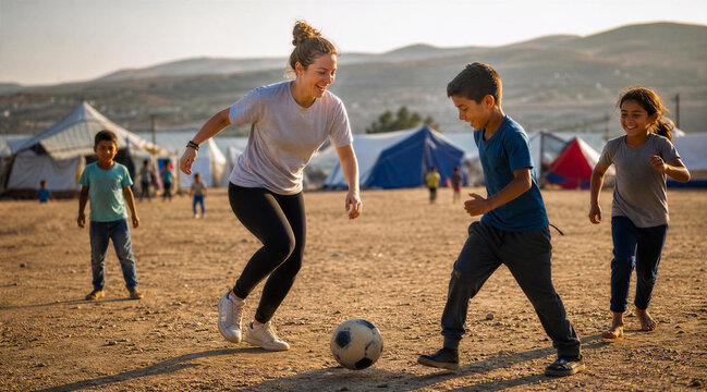 Refugee Children Playing Soccer with Volunteer in Camp