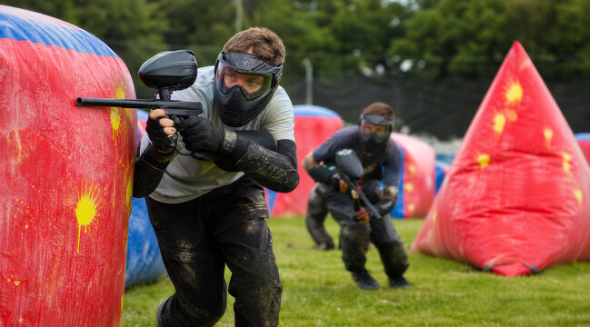 Paintball players in protective gear competing on outdoor field