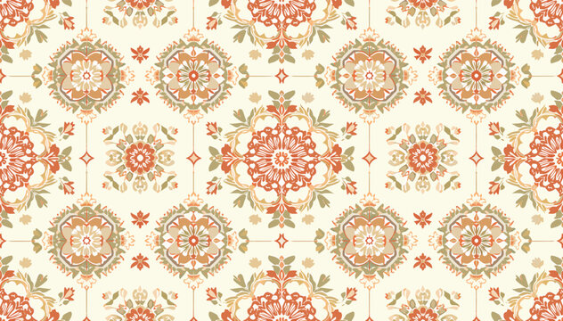 An intricate Persian-inspired floral medallion pattern in warm terracotta, coral, and muted green on a cream background.