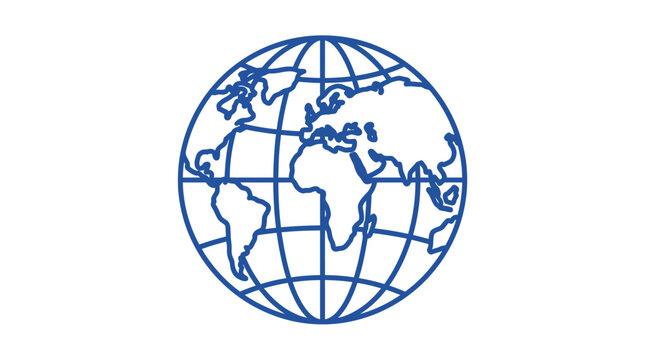 Blue outline globe on white background, world map illustration, global connection concept