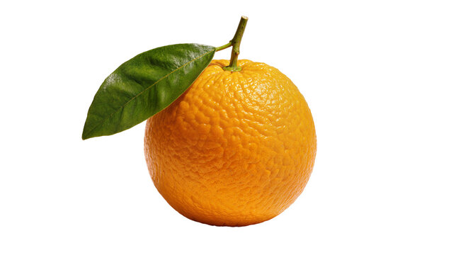 Whole orange fruit with green leaf and stem