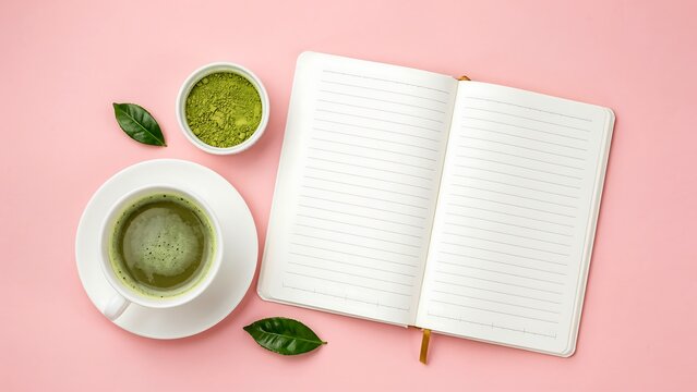 Matcha green tea in a cup with saucer and bowl on pink background with notebook