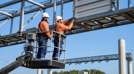 Naklejka premium Maintenance Workers on Aerial Lift Repairing Highway Gantry
