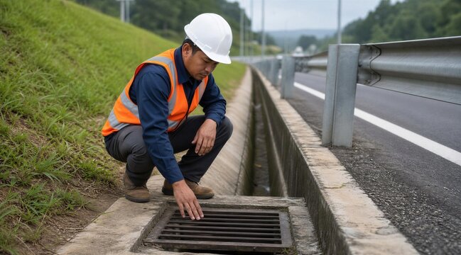 Male Engineer Inspecting Road Drainage System on Highway