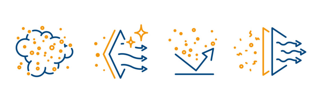 icon set, filtration air, dust cloud, proof dust, clean air, filter layers, outline editable vector icons