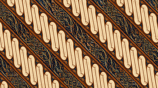 Close-up view of a traditional Indonesian batik fabric featuring intricate brown and cream diagonal Parang pattern.