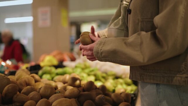 Female hands carefully selecting ripe kiwi from a display in the produce section of a grocery store, demonstrating a focus on healthy eating, fresh food, and conscious consumerism
