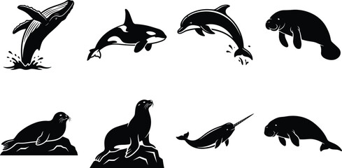 Black marine mammal silhouettes vector icon set featuring humpback whale orca dolphin seal and manatee isolated on white background © Sobuz