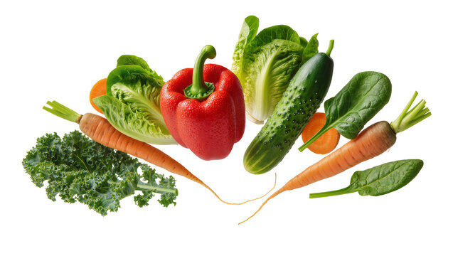 Fresh vegetables assortment kale carrots red bell pepper cucumber lettuce, spinach