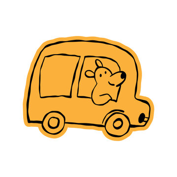 Vector illustration in tredny doodle style with friendly character and mascot, dog courier  driving truck, delivery concept