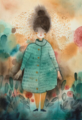 A colorful girl standing in the middle of plants