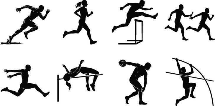 Black track and field athletes silhouette vector icon set featuring running hurdles high jump pole vault and discus throw isolated on white background