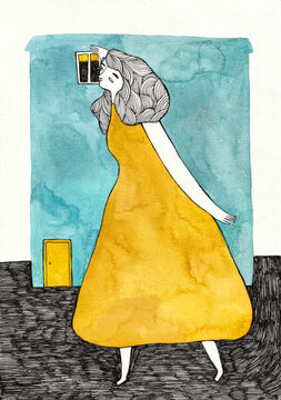 A woman in yellow dress peeking inside of a blue house with a yellow door