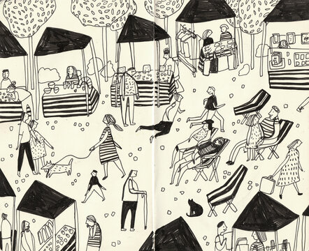 Sketch of a market with people on it