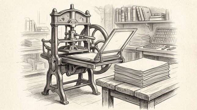 Traditional early printing press with stacked paper in a workshop printing typography workshop publishing industrial technology mechanical equipment production mechanism craftsmanship
