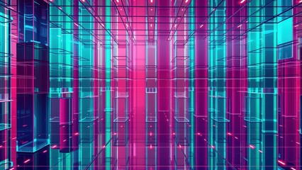 Fototapeta premium Neon grid structure. Abstract digital space, vibrant pinks, blues create futuristic cityscape impression. Complex geometry, dark background.