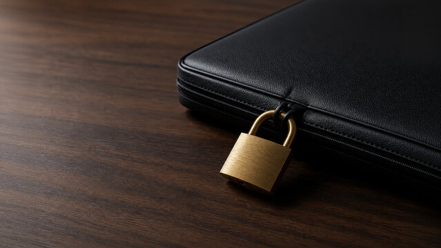 Brass padlock locking a black leather laptop sleeve on a dark wooden desk.