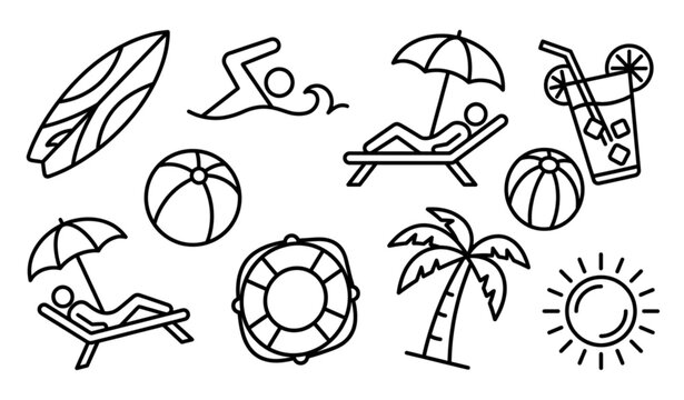 Summer beach activity icon set editable stroke black outline surfing swimming sunbathing cocktail umbrella vector icons