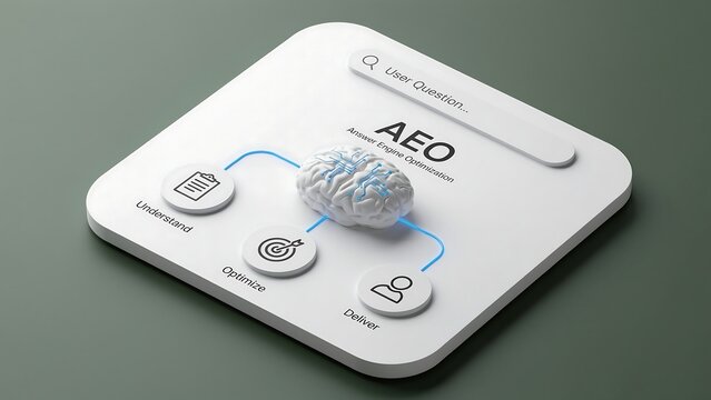 AEO Answer Engine Optimization white board with brain and buttons on green background