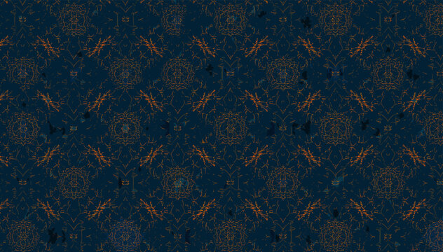 An intricate repeating pattern featuring ornate golden-brown and teal-blue circular and diamond motifs on a dark blue background, resembling a vintage textile or wallpaper design.