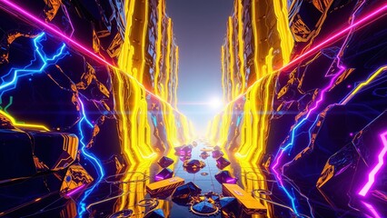 Fototapeta premium Neon canyon glows. Bright light emanates from distance. Geometric shapes reflect vibrant colors, creating futuristic scene. Dark background emphasizes luminosity.