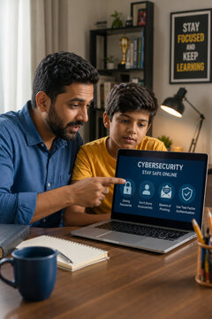 Father Teaching Son Cybersecurity On Laptop
