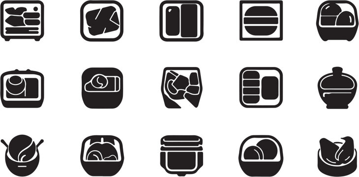 Black and white icons of food containers and utensils.