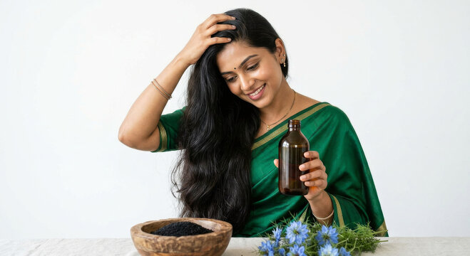 Indian Woman Applying Black Seed Hair Oil