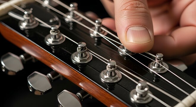 Guitar headstock close-up, musician adjusting strings