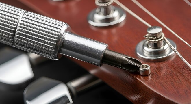 Guitar headstock repair with screwdriver: close-up on brown wood and tuning peg