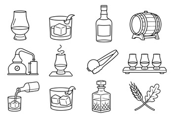 Whisky and Spirits Bar Line Art Icon Set – Bourbon, Scotch, Whiskey Tasting and Distillery Outline Collection