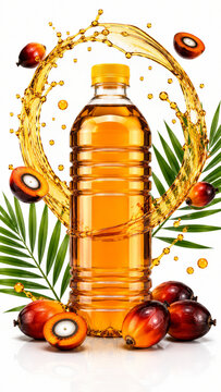 Palm Oil Bottle With Fruit And Golden Splash