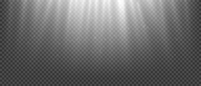 White glowing light effect on transparent background. Vector shiny effect decoration with ray and sparks. Bright burst explosion. Translucent shine sun flare on top