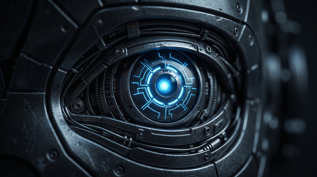 Close-up of mechanical bionic eye with glowing blue circuit details.