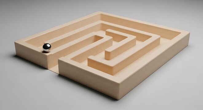 Wooden Maze with Steel Sphere: Business Strategy Concept