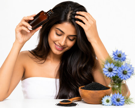 Woman Applying Black Seed Hair Oil On White Background